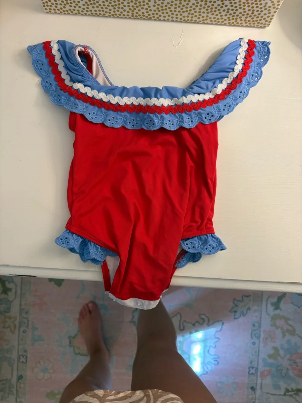 The Beaufort Bonnet Company Red One-Piece Swimsuit with Blue and White Ruffle